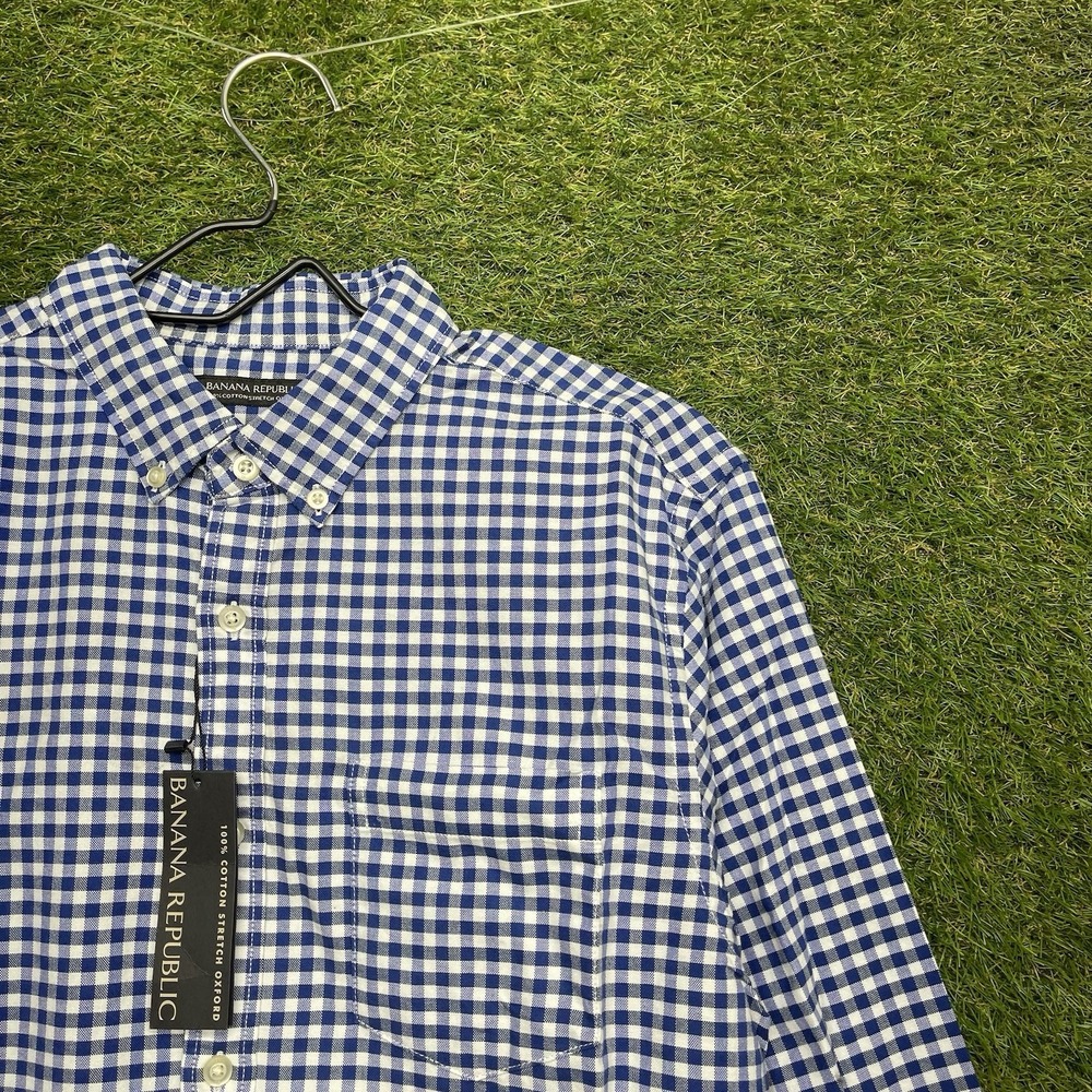Banana Republic Dress Shirt Mens Medium Grant-Fit Luxe Blue Gingham Button NWT